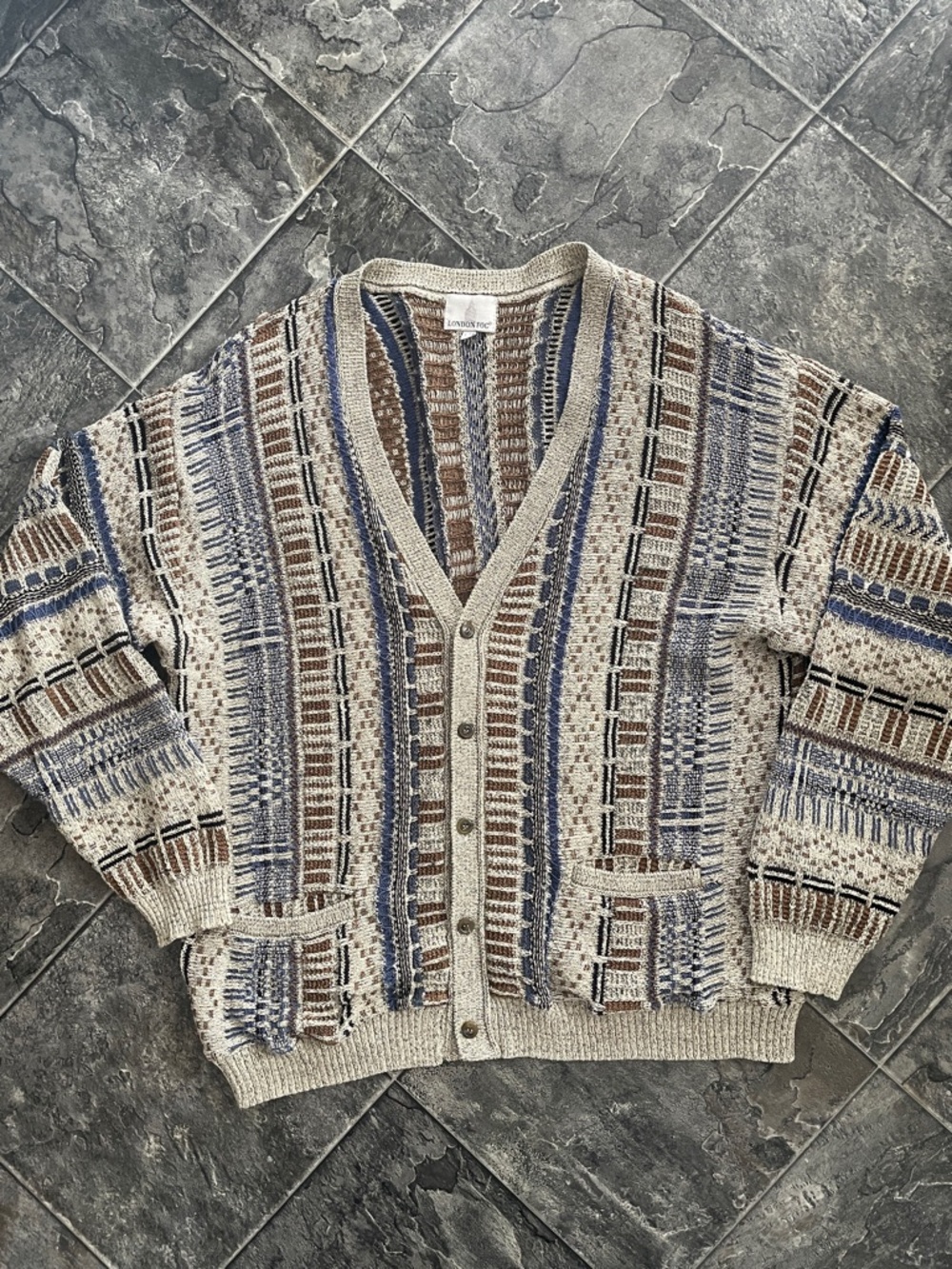 LONDON FOG Vintage Multicolor Textured Button-Front Cottagecore Grandpa Cardigan